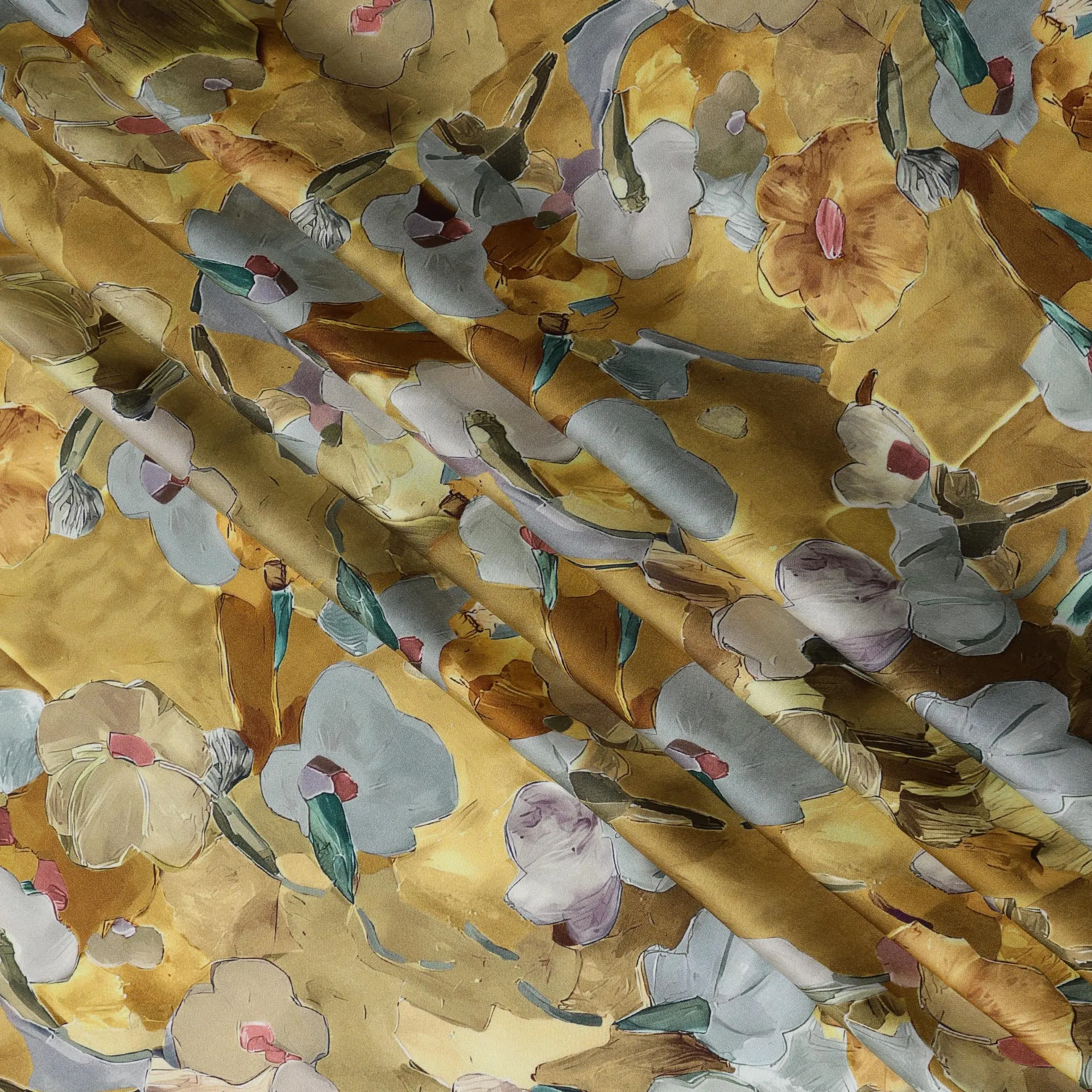 Golden Yellow Synthetic Modal Satin Fabric with Large Floral Print, 110 cm Width-D20952