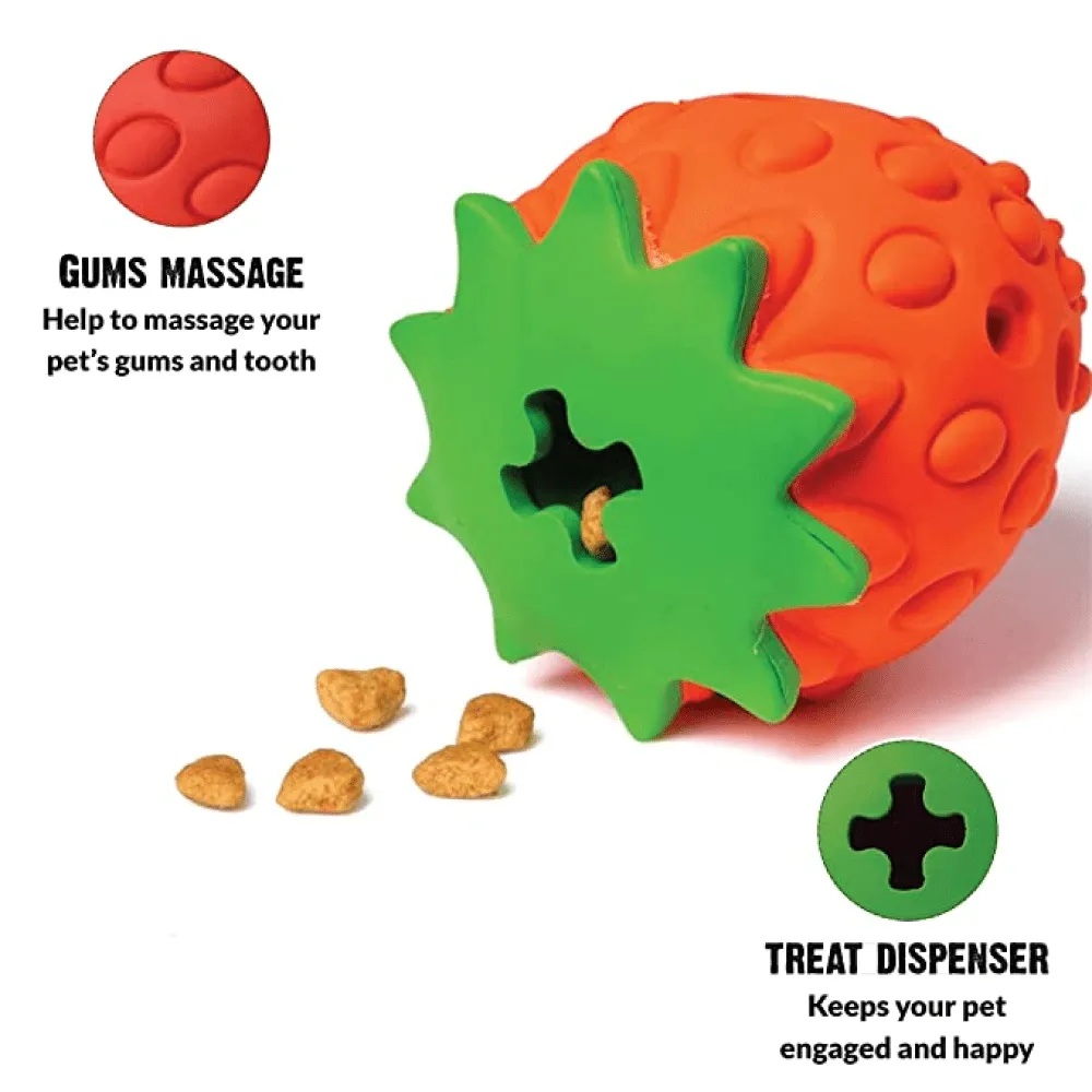 Goofy Tails Dumbbell Treat Dispensing Interactive Toys and Strawberry shaped Natural Rubber Chew Toy for Dogs Combo