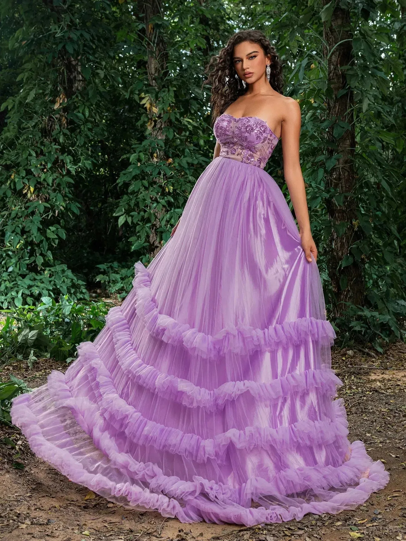 Gorgeous Floral Sequin Bodice Cascading Ruffle Hem Tulle Prom Dress