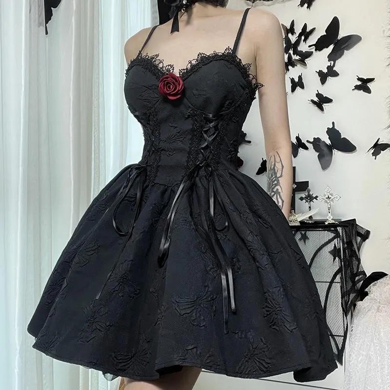 Goth Rose Dark Style Jacquard Backless Slip Dress