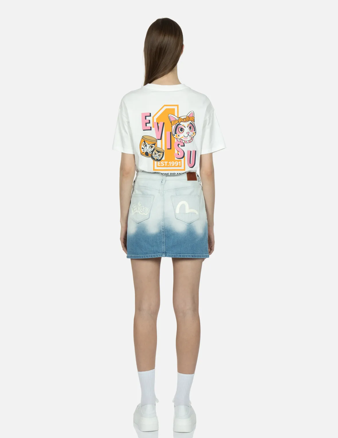 Graffiti Logo and Seagull Print Bleached Denim Skirt