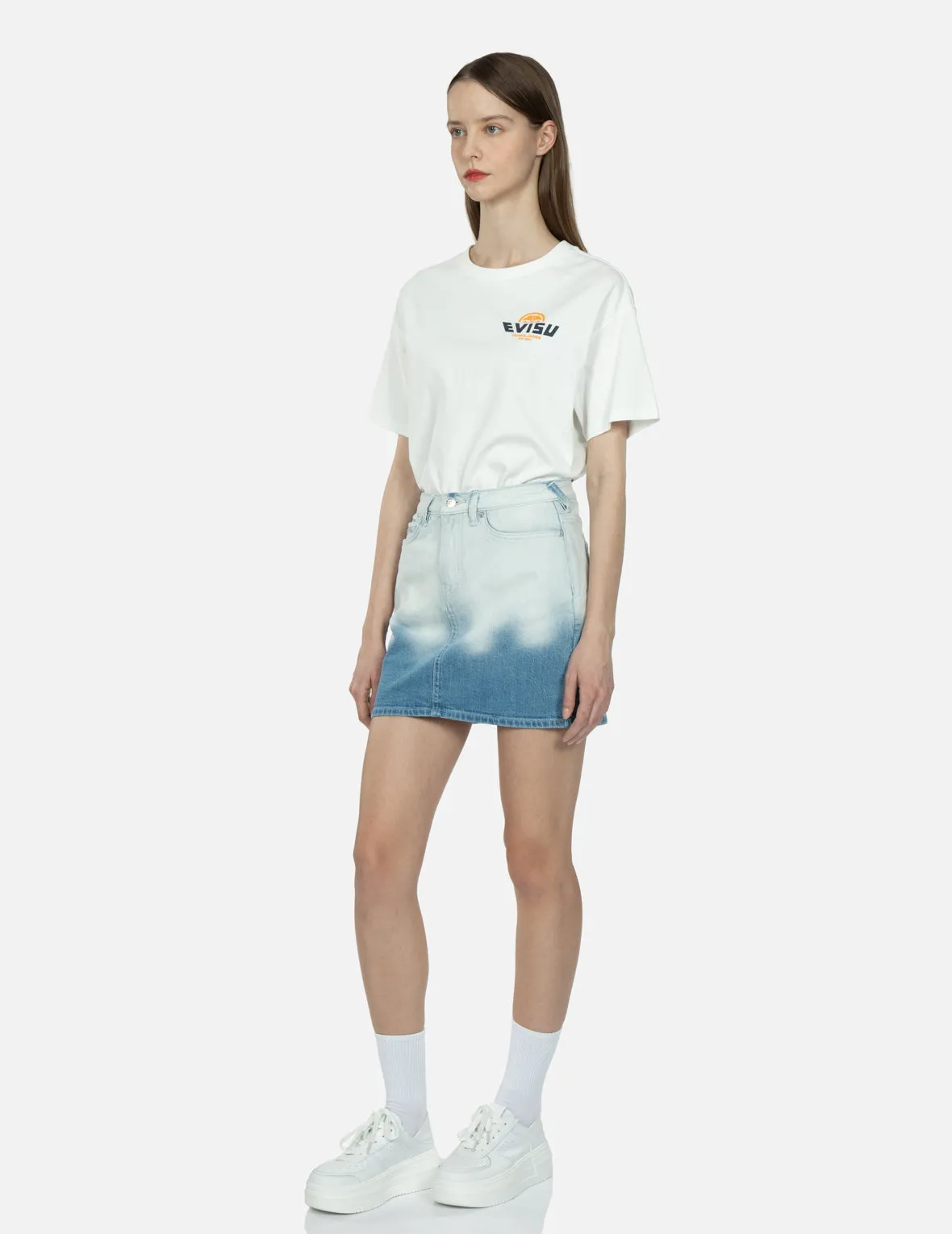 Graffiti Logo and Seagull Print Bleached Denim Skirt