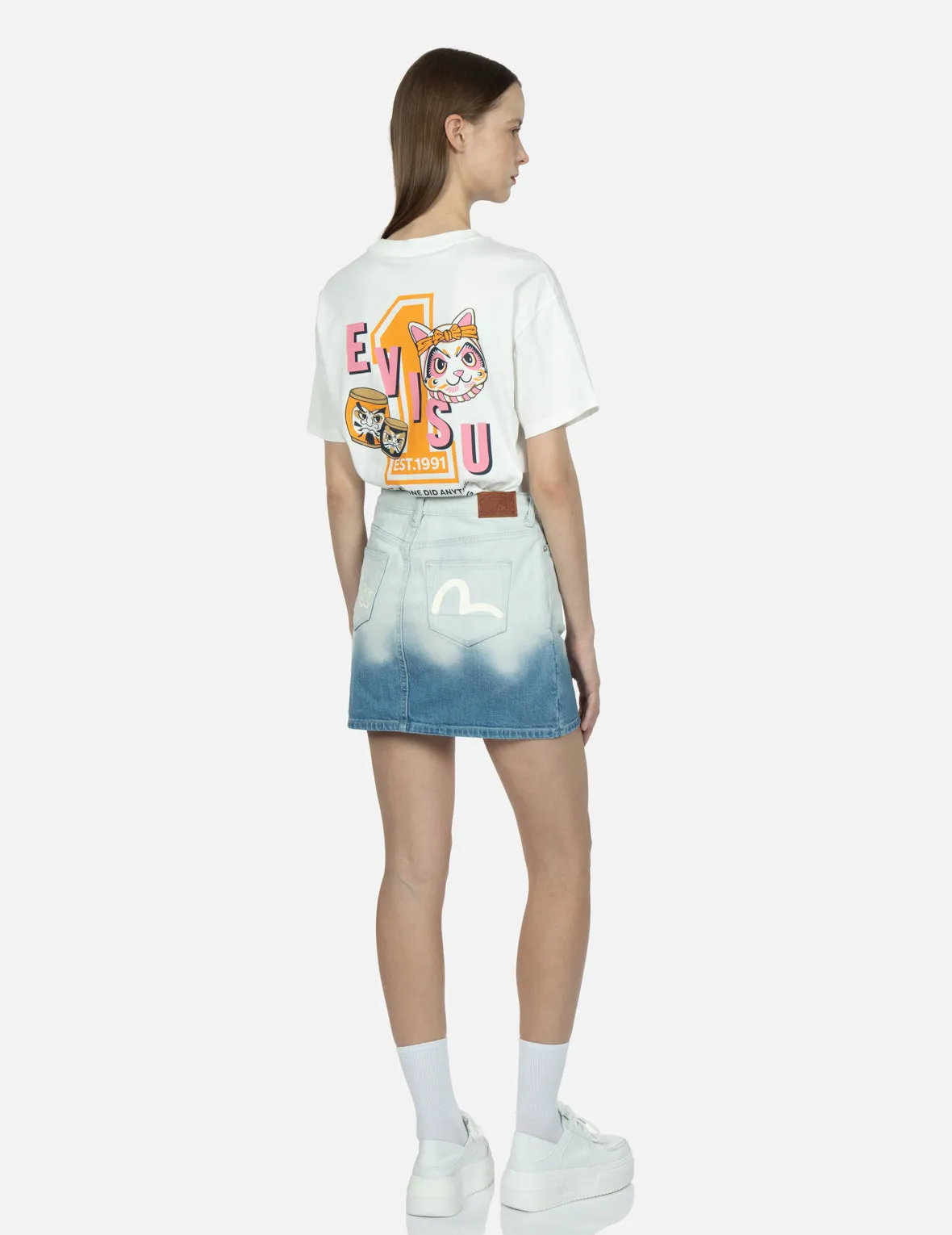 Graffiti Logo and Seagull Print Bleached Denim Skirt