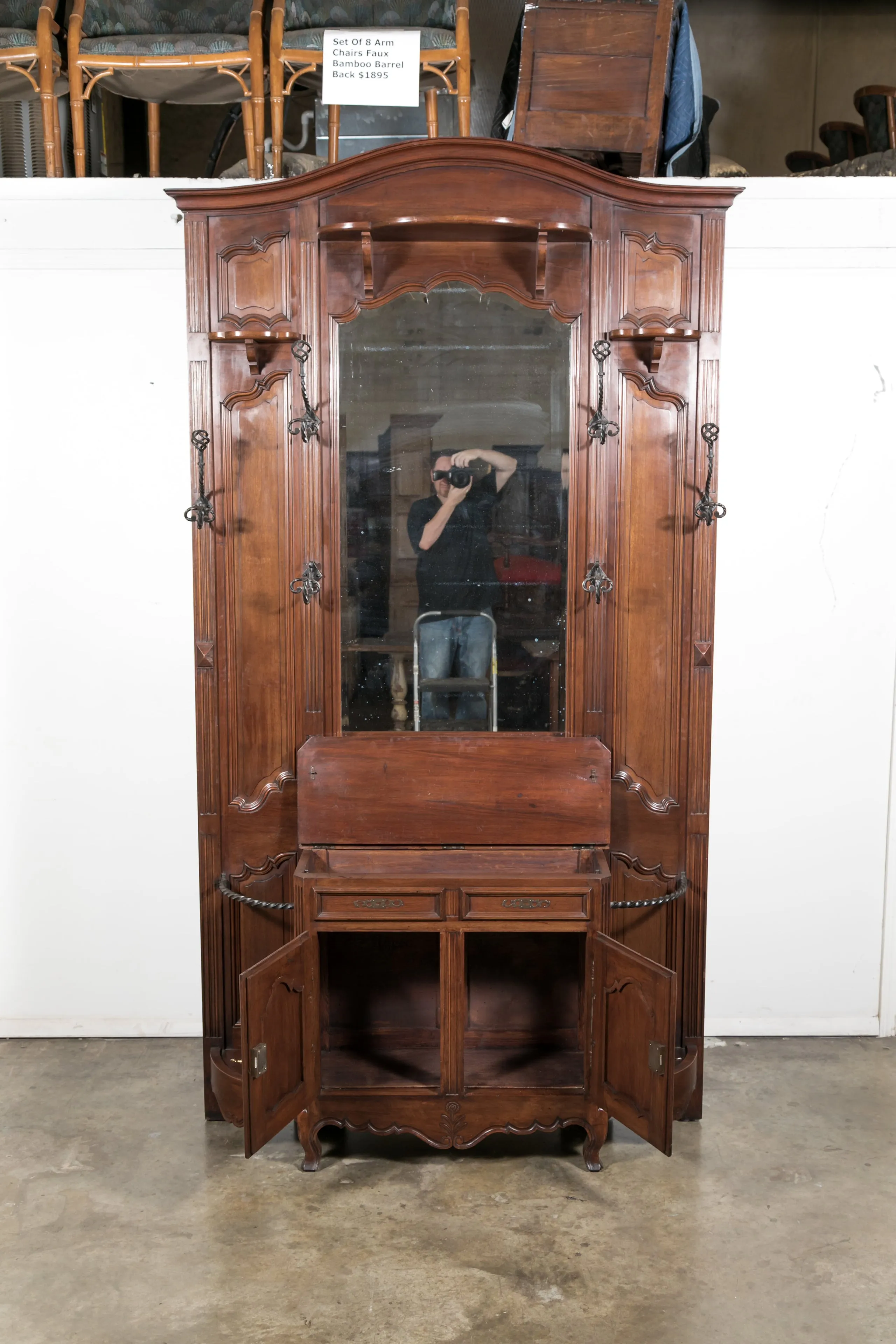 Grand 19th Century French Louis XV Style Walnut Hall Tree with Storage Cabinet