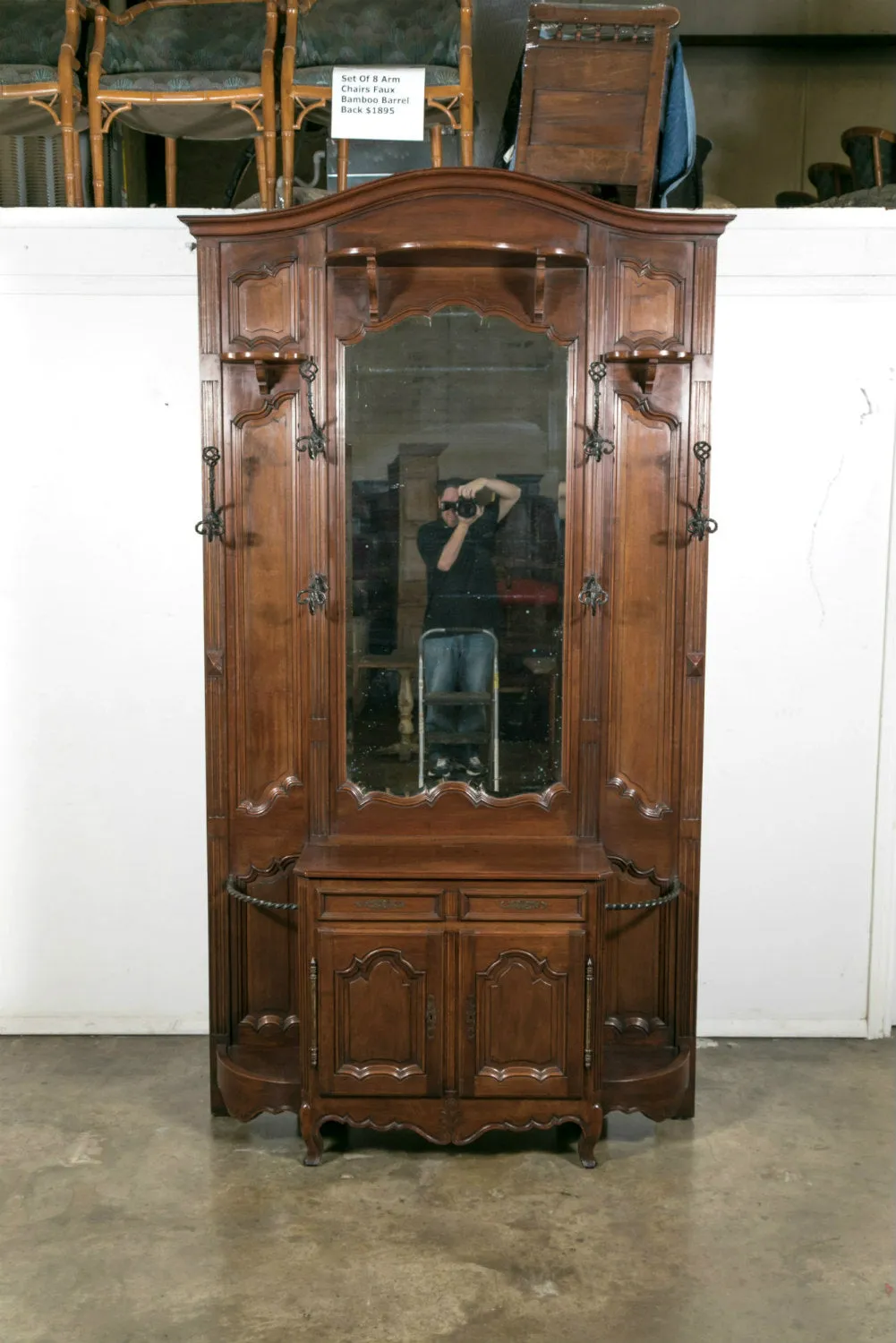 Grand 19th Century French Louis XV Style Walnut Hall Tree with Storage Cabinet