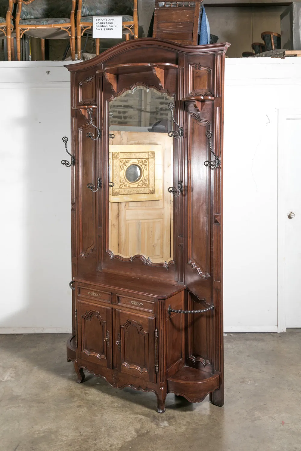 Grand 19th Century French Louis XV Style Walnut Hall Tree with Storage Cabinet