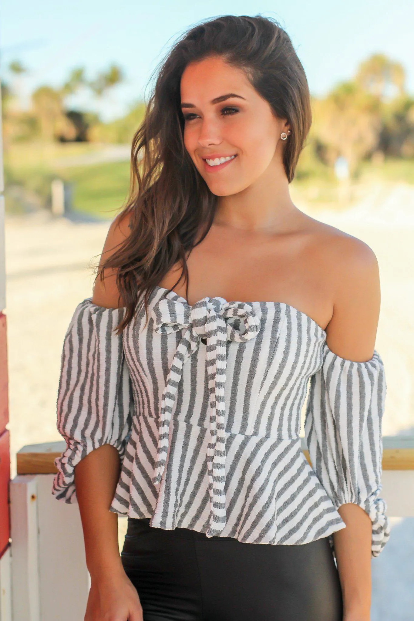 Gray and White Off Shoulder Striped Ruffle Top