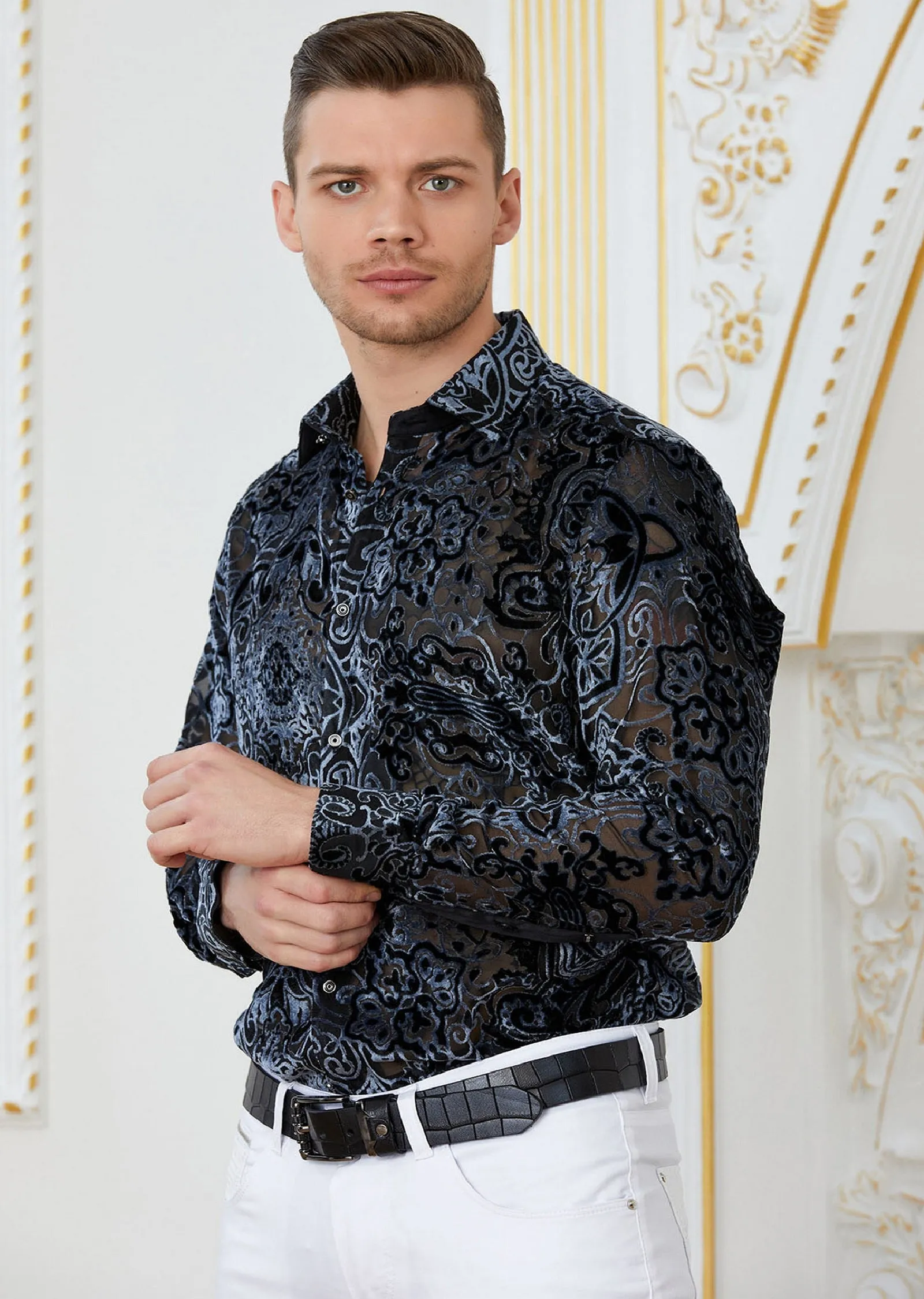 Gray Baroque Burnout Velvet Shirt