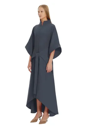 Gray Kimono Sleeve High Neck Asymmetrical Belted Futuristic Maxi Dress