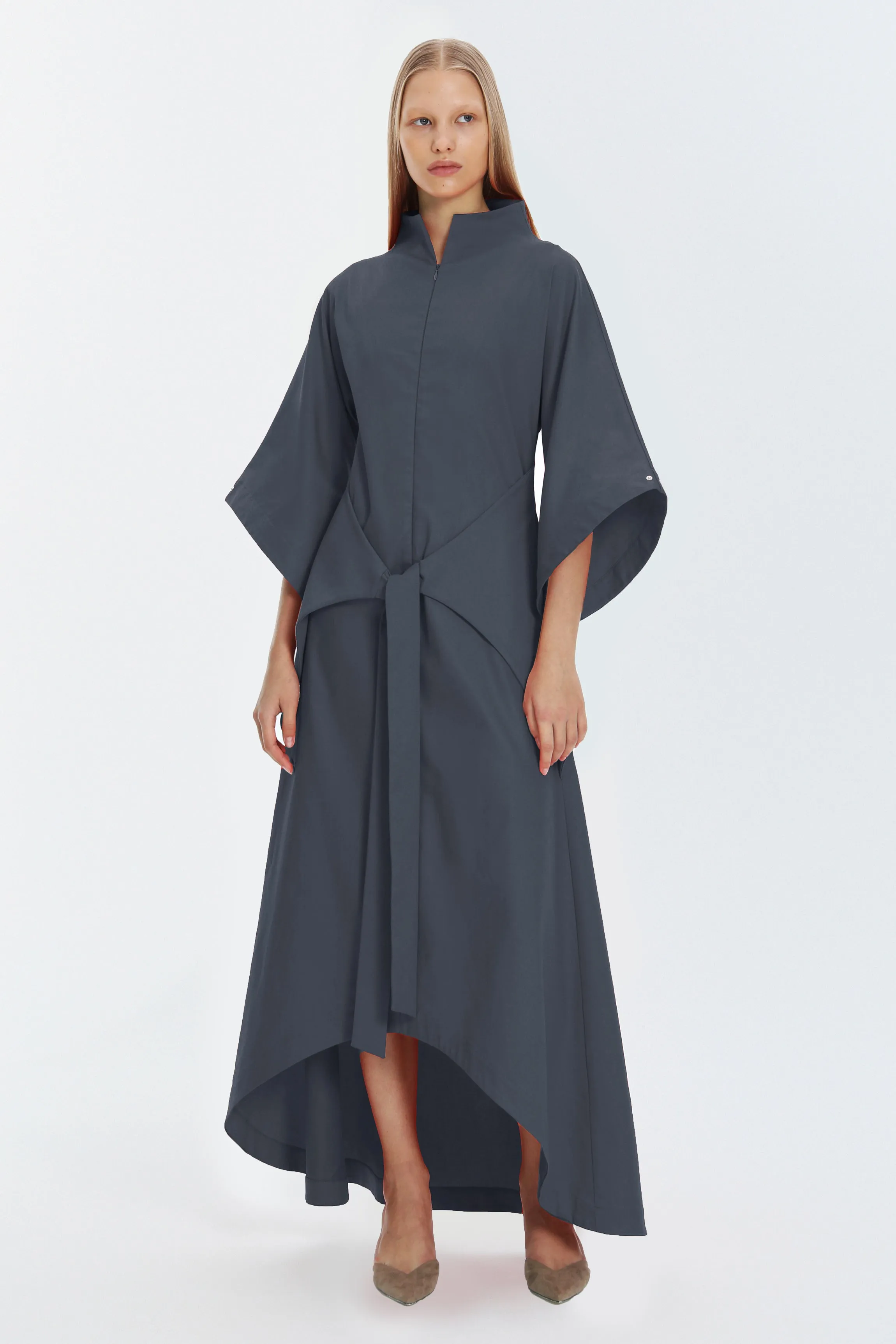 Gray Kimono Sleeve High Neck Asymmetrical Belted Futuristic Maxi Dress