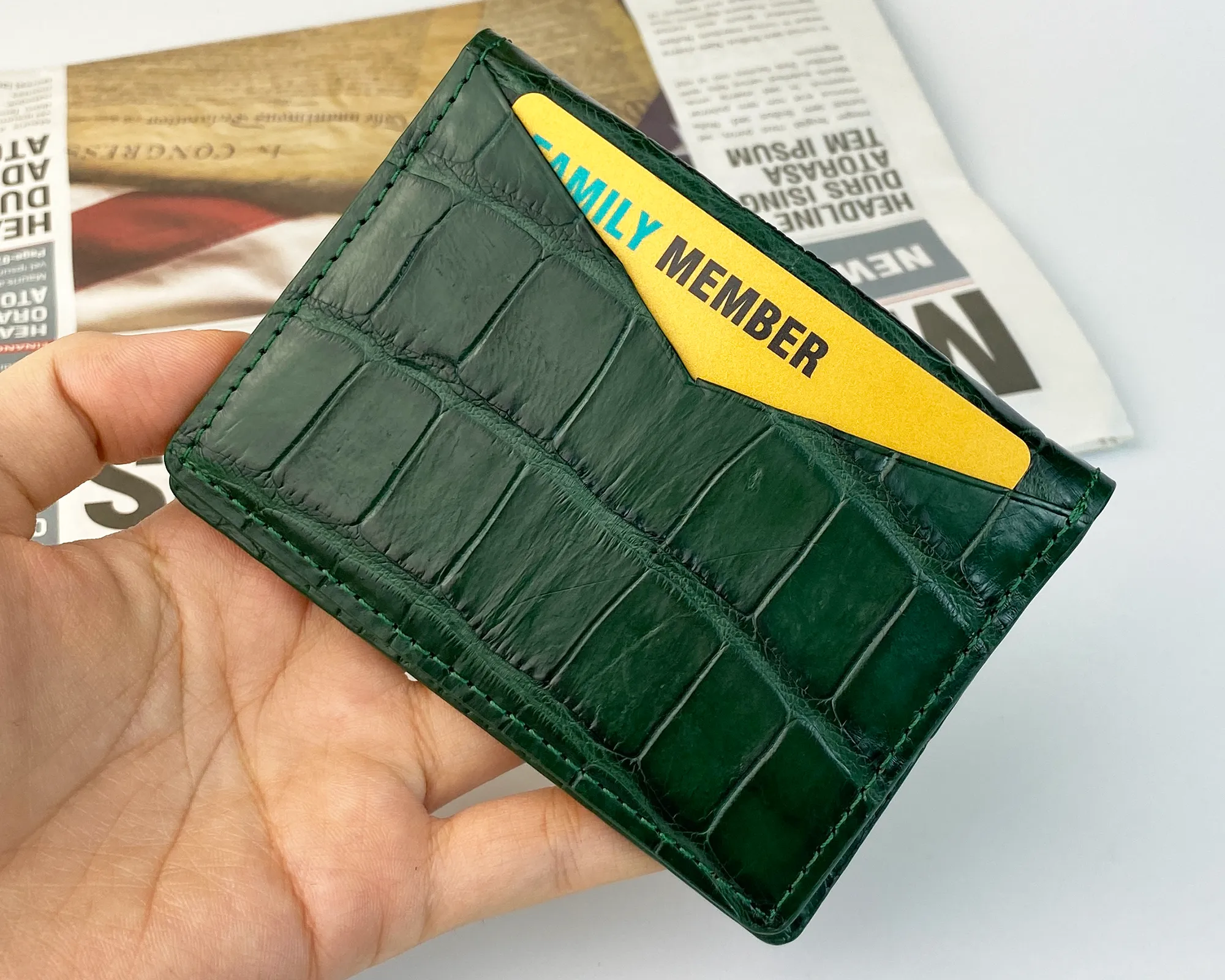 Green Alligator Leather Bifold Credit Card Holder Double Side | RFID Blocking | GREEN-CARD-14