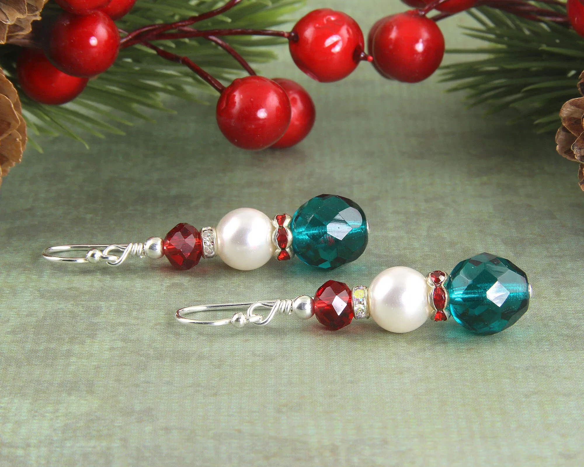 Green & Red Christmas Pearl Earrings