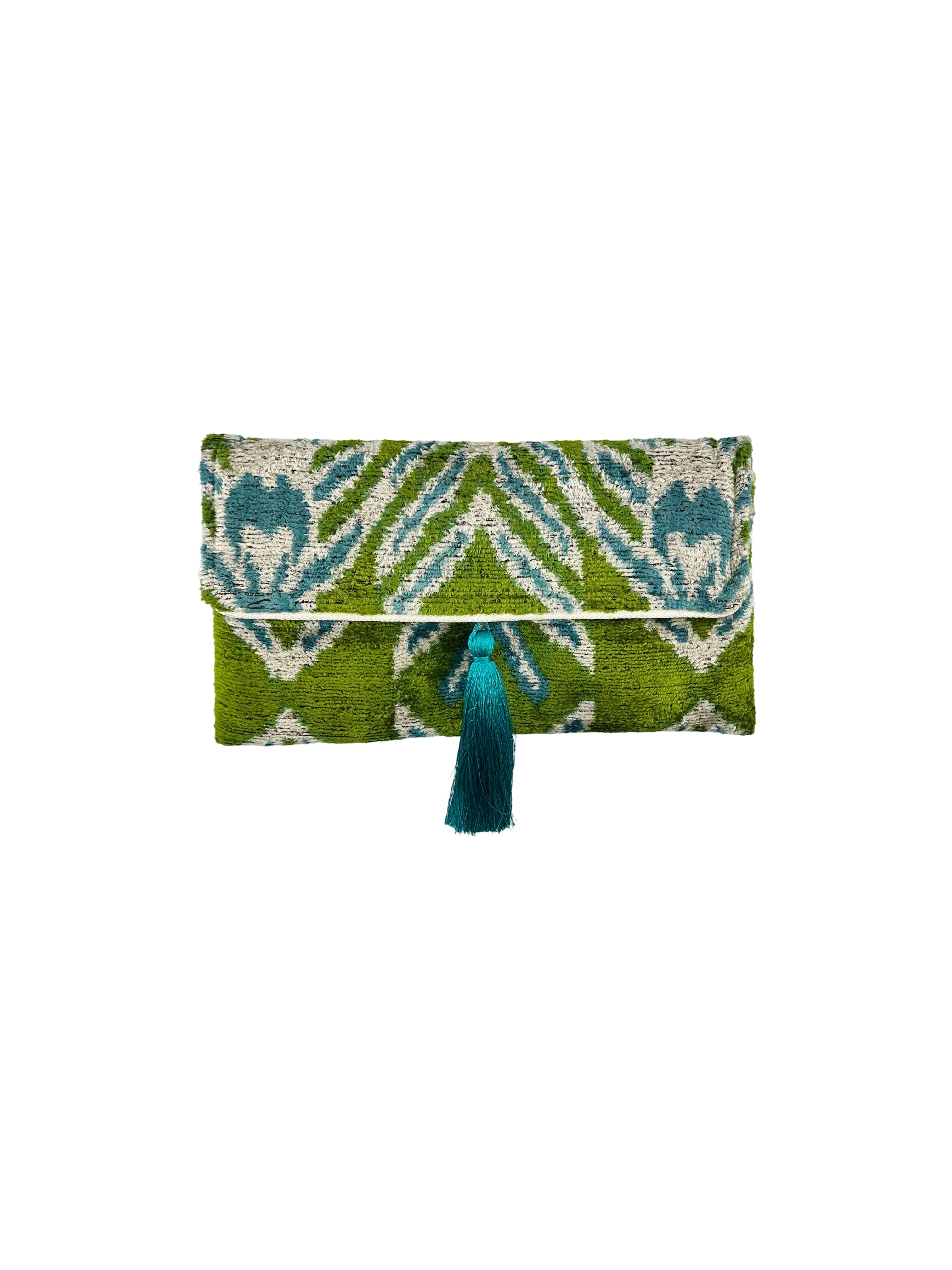 Green and Blue Ikat Velvet Clutch with Removable Chain