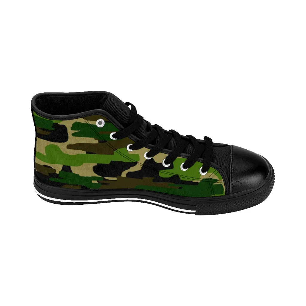 Green Camo Men's High-top Sneakers, Camouflage Military Print Men's Designer Tennis Running Shoes