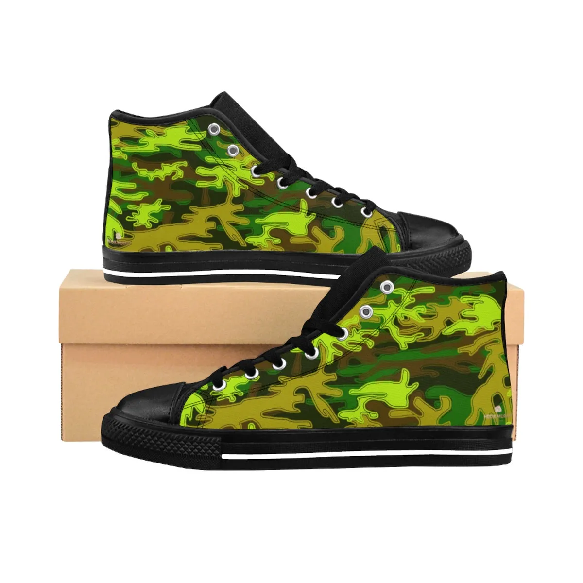 Green Camo Men's Sneakers, Camouflage Army Military High Top Tennis Running Shoes