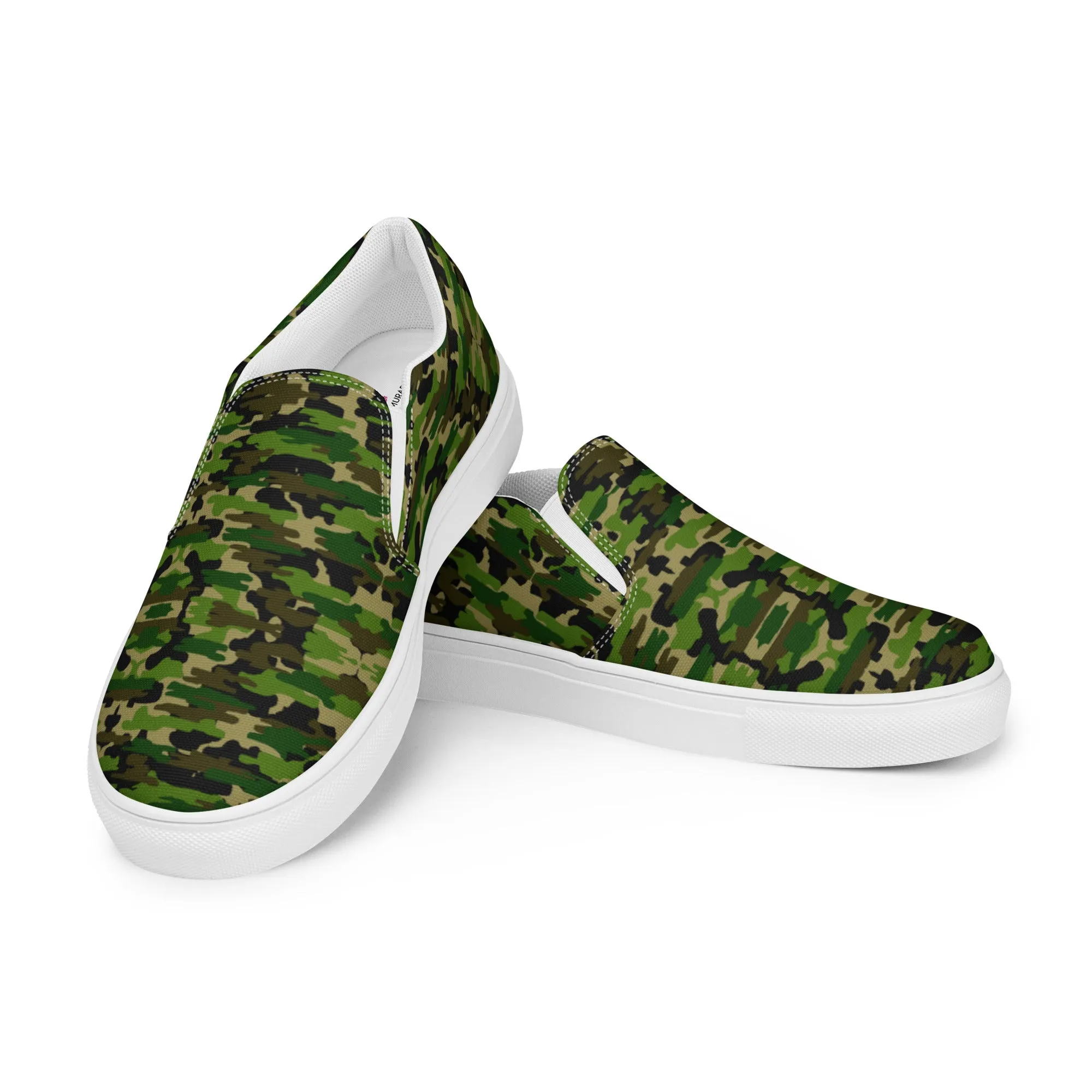 Green Camo Women's Slip Ons, Green Camouflage Army Military Print Women’s Slip-On Canvas Shoes (US Size: 5-12)