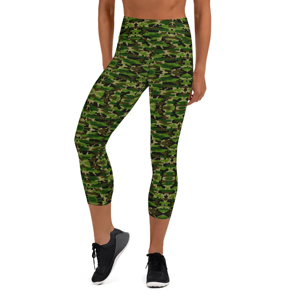 Green Camo Yoga Capri Leggings, Military Camouflage Print Women's Capris Tights-Made in USA/EU