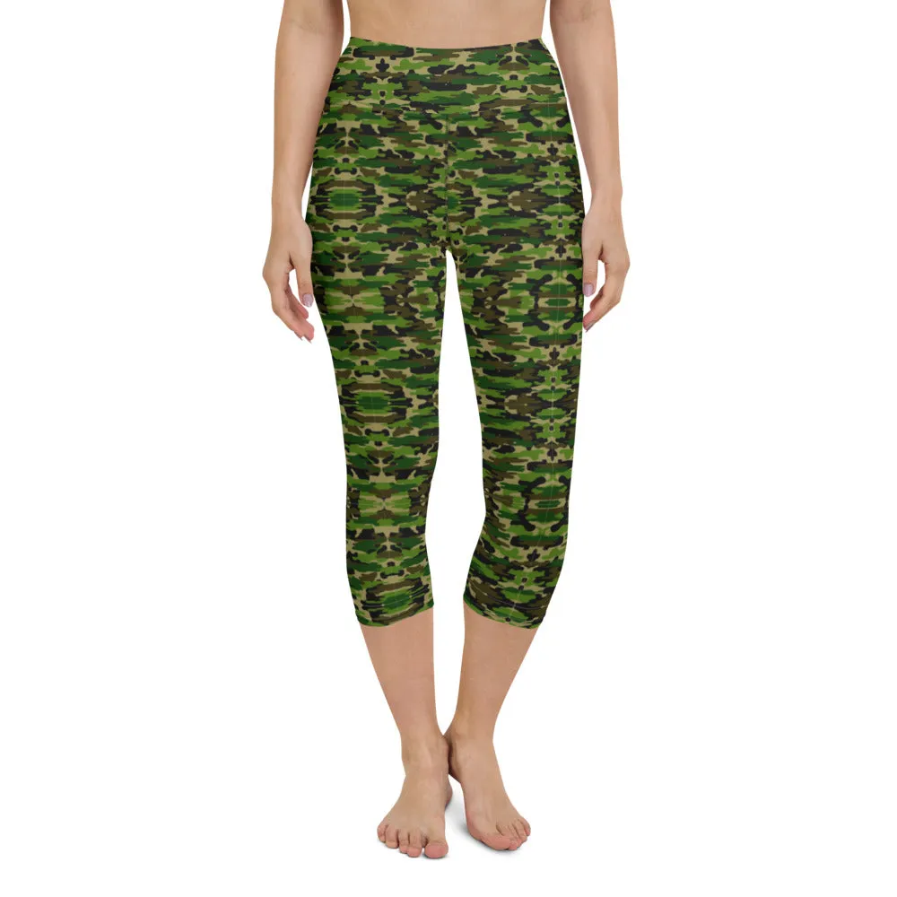 Green Camo Yoga Capri Leggings, Military Camouflage Print Women's Capris Tights-Made in USA/EU