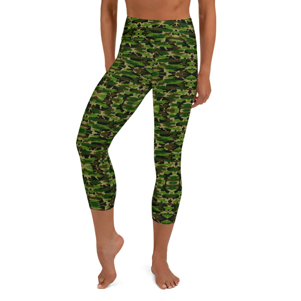 Green Camo Yoga Capri Leggings, Military Camouflage Print Women's Capris Tights-Made in USA/EU