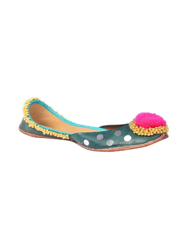 Green Embellished Pompom Leather Juttis