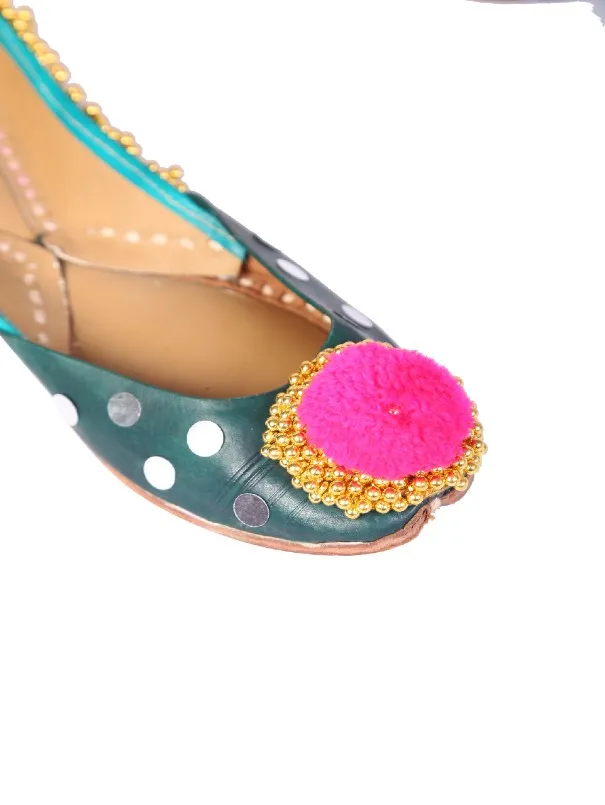 Green Embellished Pompom Leather Juttis