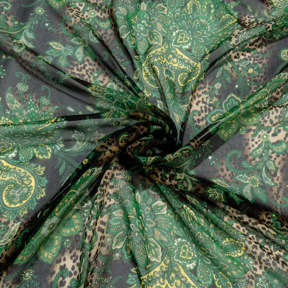 Green Floral Printed Animal Pure Silk Chiffon