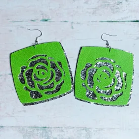 Green Flower & Silver Glitter Leather Earrings