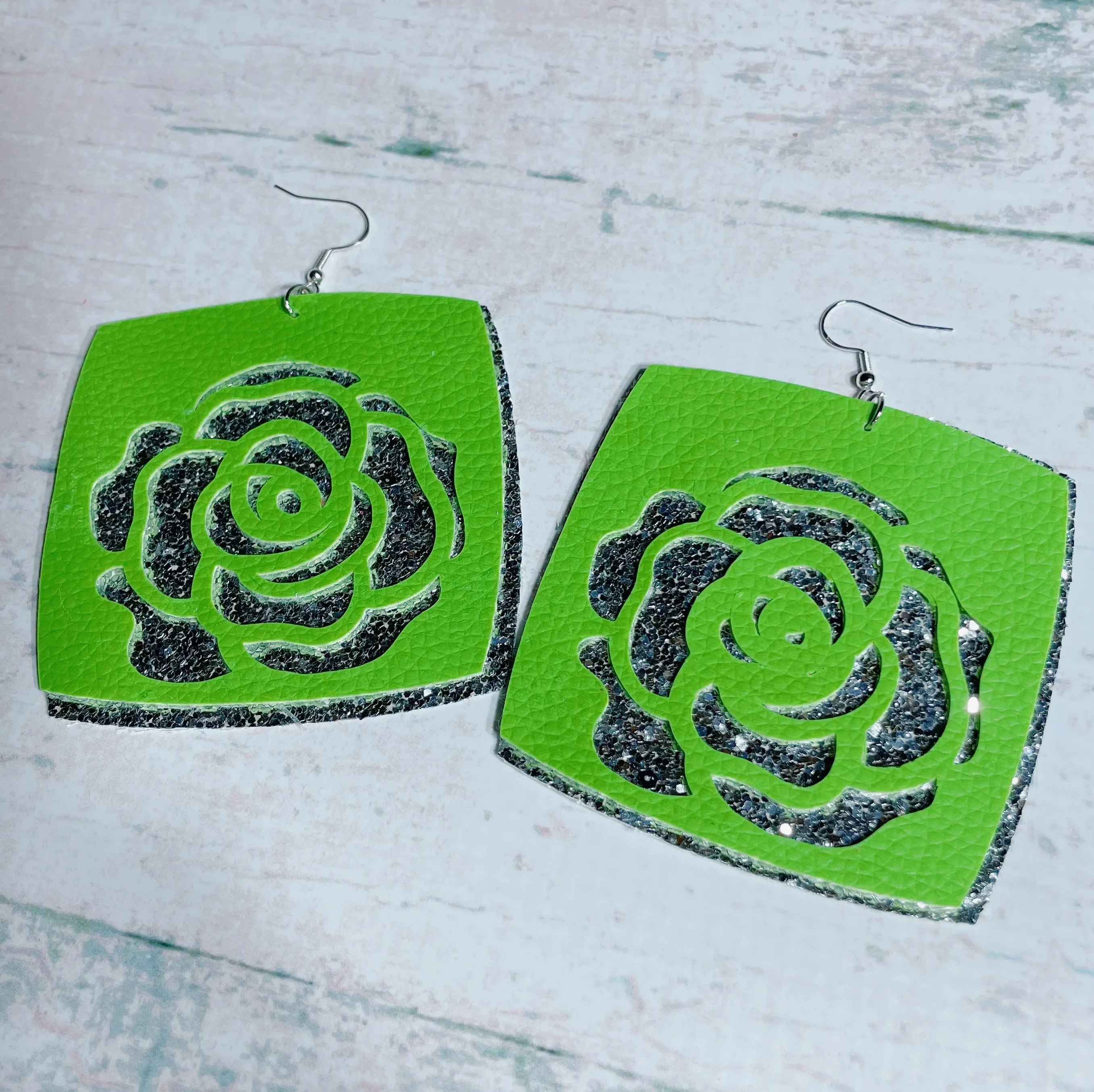 Green Flower & Silver Glitter Leather Earrings