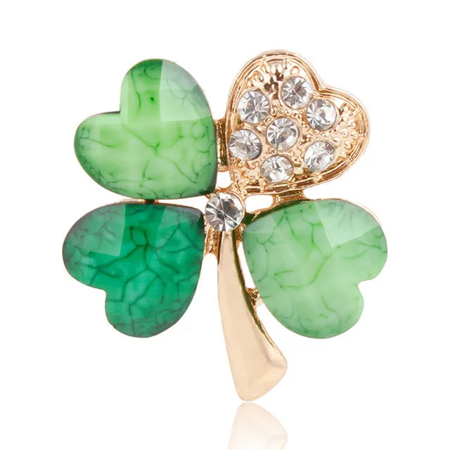 Green Four Leaf Clover and Rhinestones Lapel Pins or Brooches for Women or Men in Assorted Designs