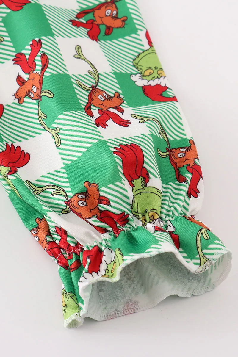 Green grinch print plaid ruffle girl gown