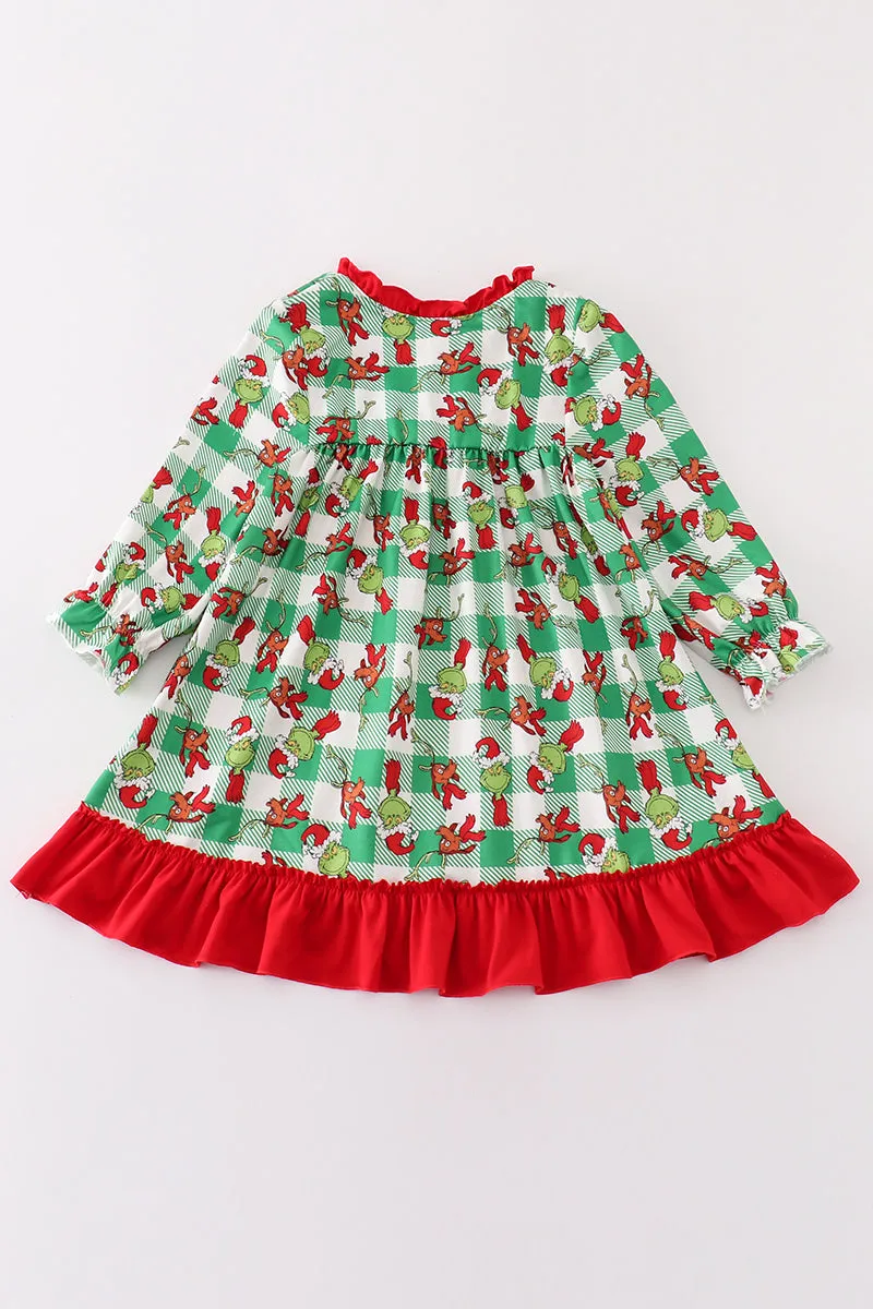 Green grinch print plaid ruffle girl gown