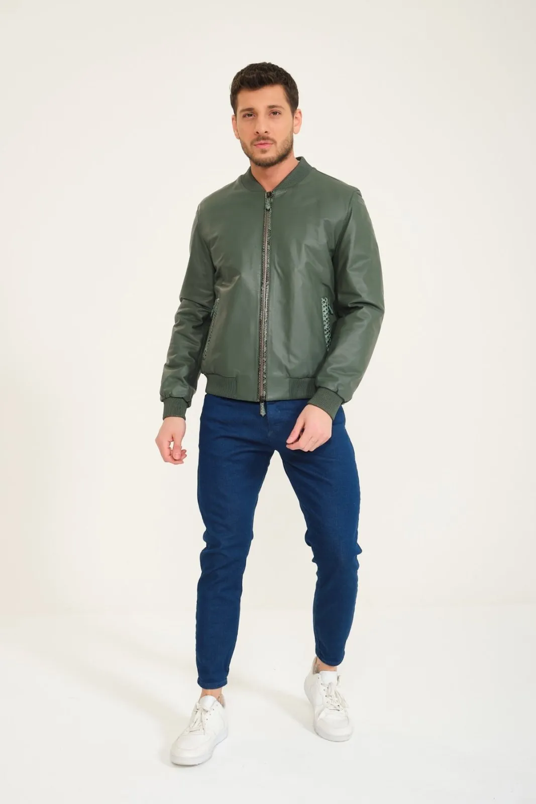 Green Leather Bomber Jacket