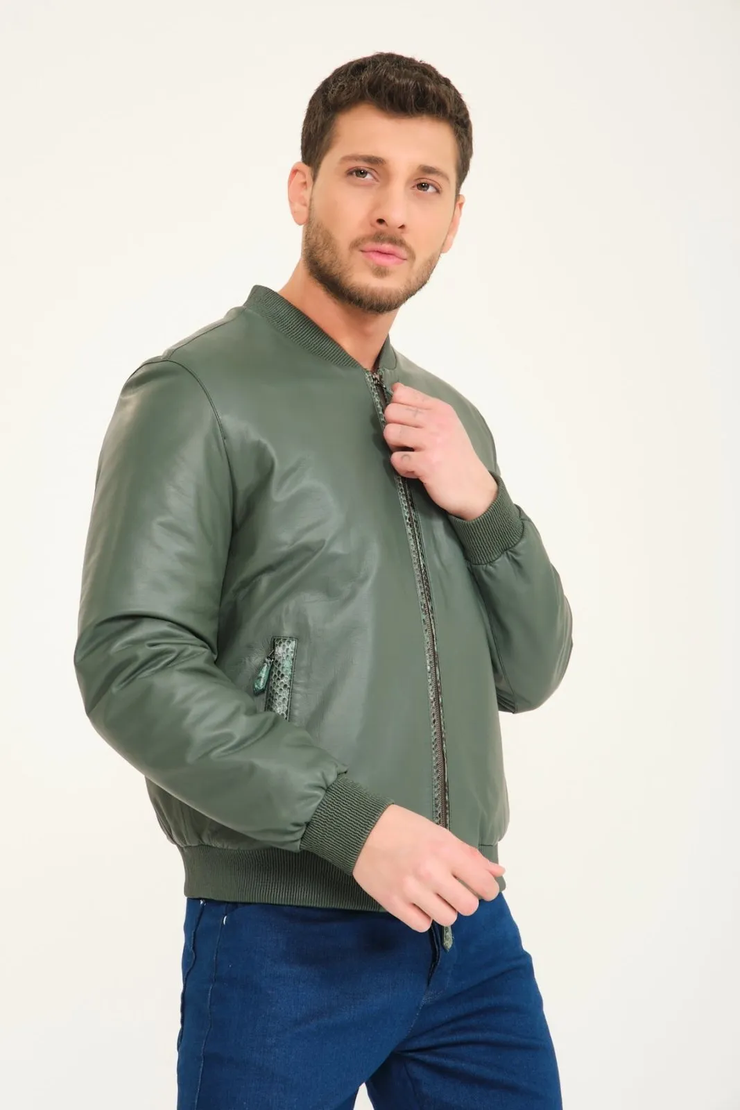 Green Leather Bomber Jacket