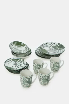 Green Leaves Print Tropical Dinner Set (16 Piece)