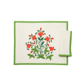 Green Mughal 3 Flower Place Mat and Napkin Set