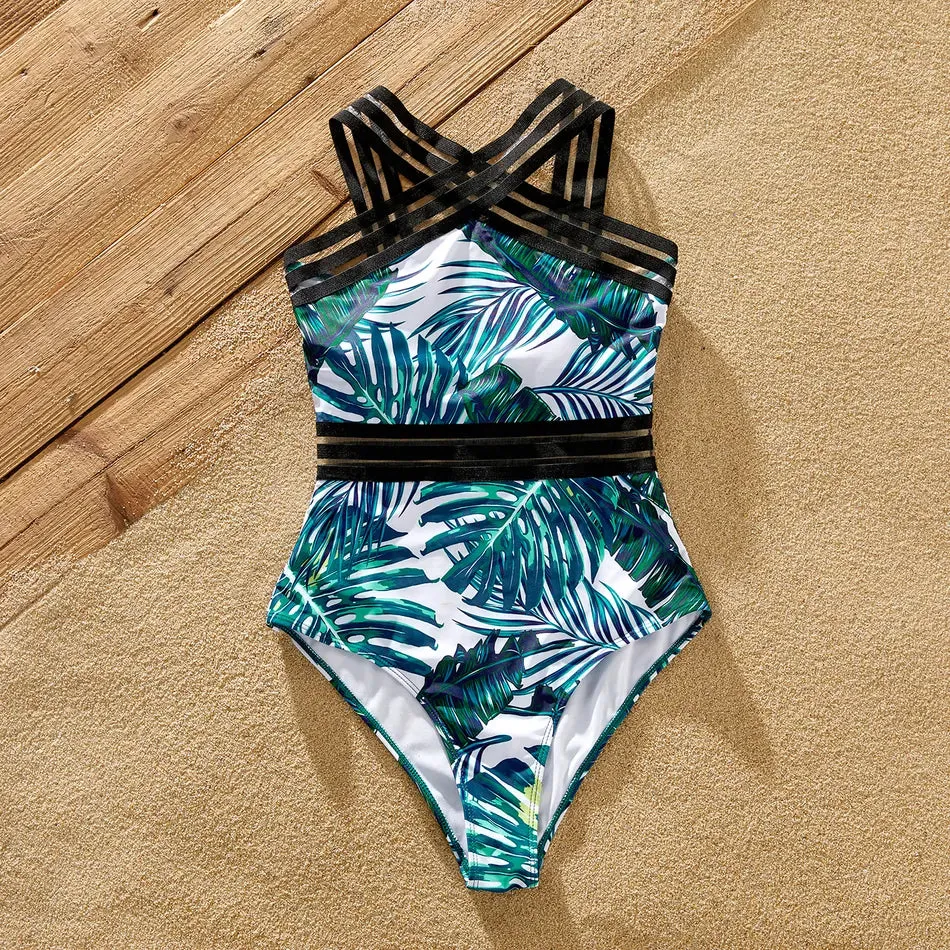 Green Palm Leaves Matching Family Bathing Suit