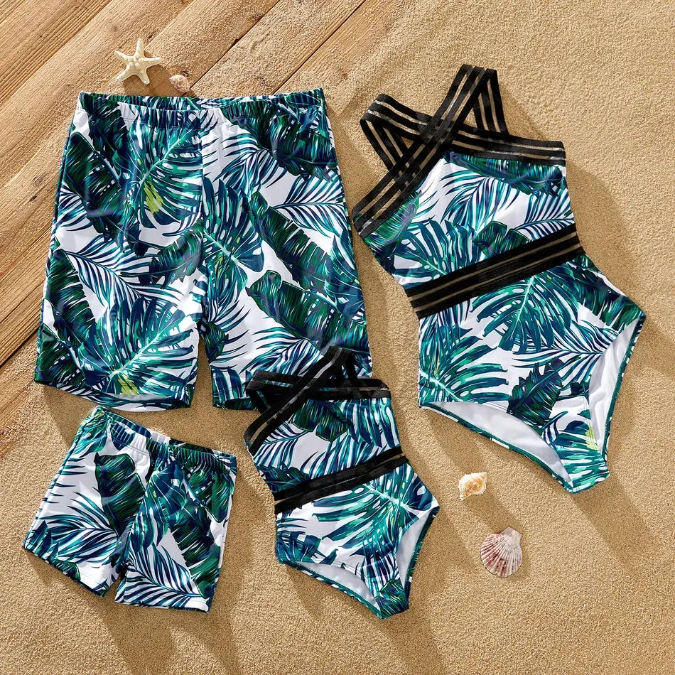 Green Palm Leaves Matching Family Bathing Suit