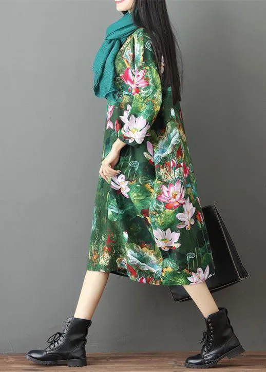 Green Prints Linen Maxi Dress Casual Traveling Dress Casual Bracelet Sleeve Gown