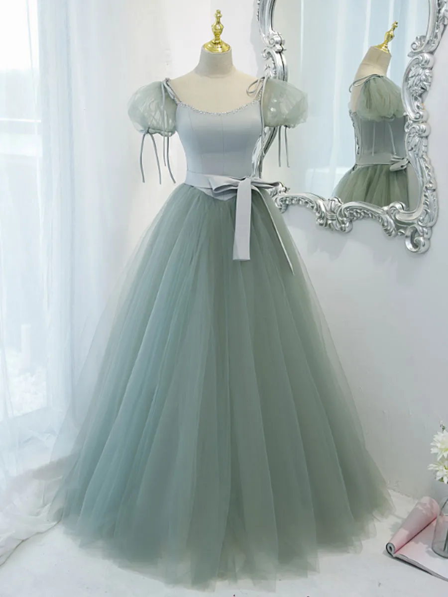 Green Round Neck Tulle Long Prom Dress Green Evening Dress