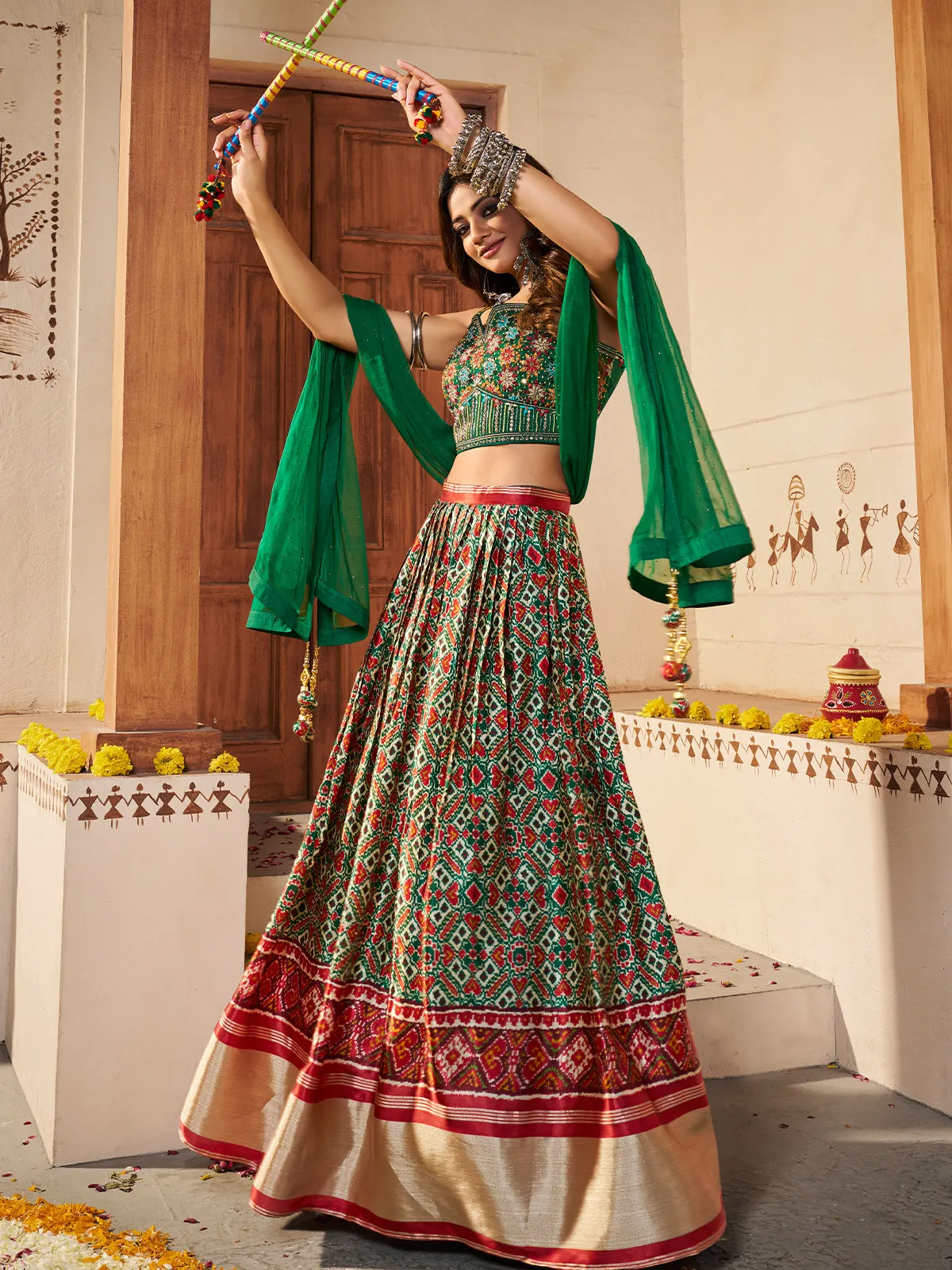 Green Silk Printed Semi Stitched Lehenga With Unstitched Blouse