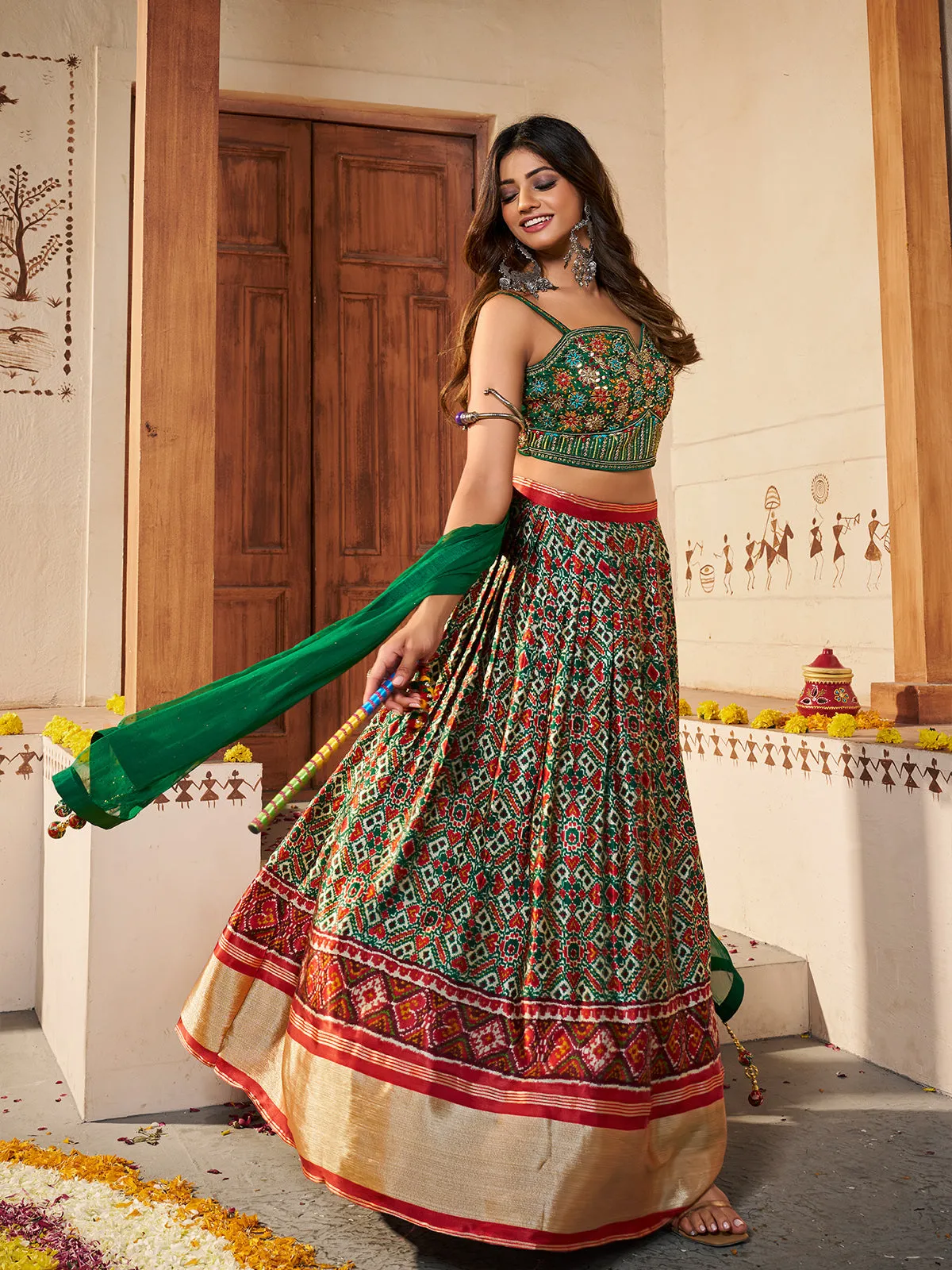 Green Silk Printed Semi Stitched Lehenga With Unstitched Blouse