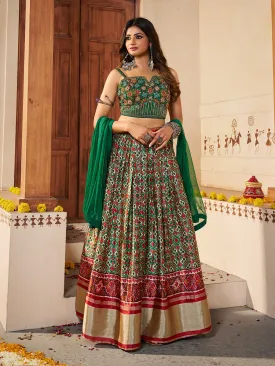 Green Silk Printed Semi Stitched Lehenga With Unstitched Blouse