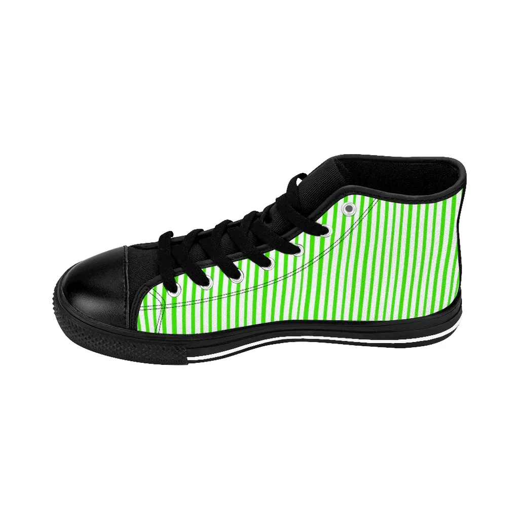 Green Striped High-top Sneakers, Vertically Green Stripes Men's Designer Tennis Running Shoes