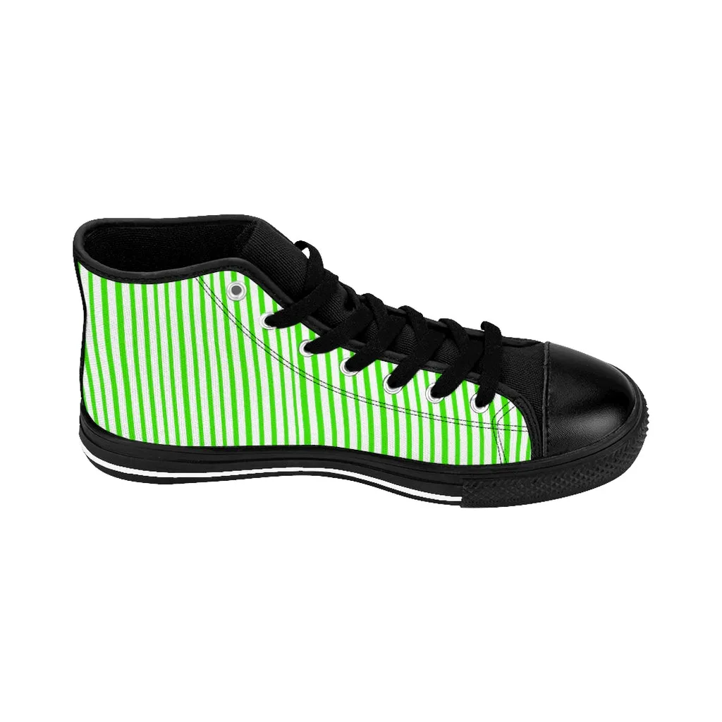 Green Striped High-top Sneakers, Vertically Green Stripes Men's Designer Tennis Running Shoes