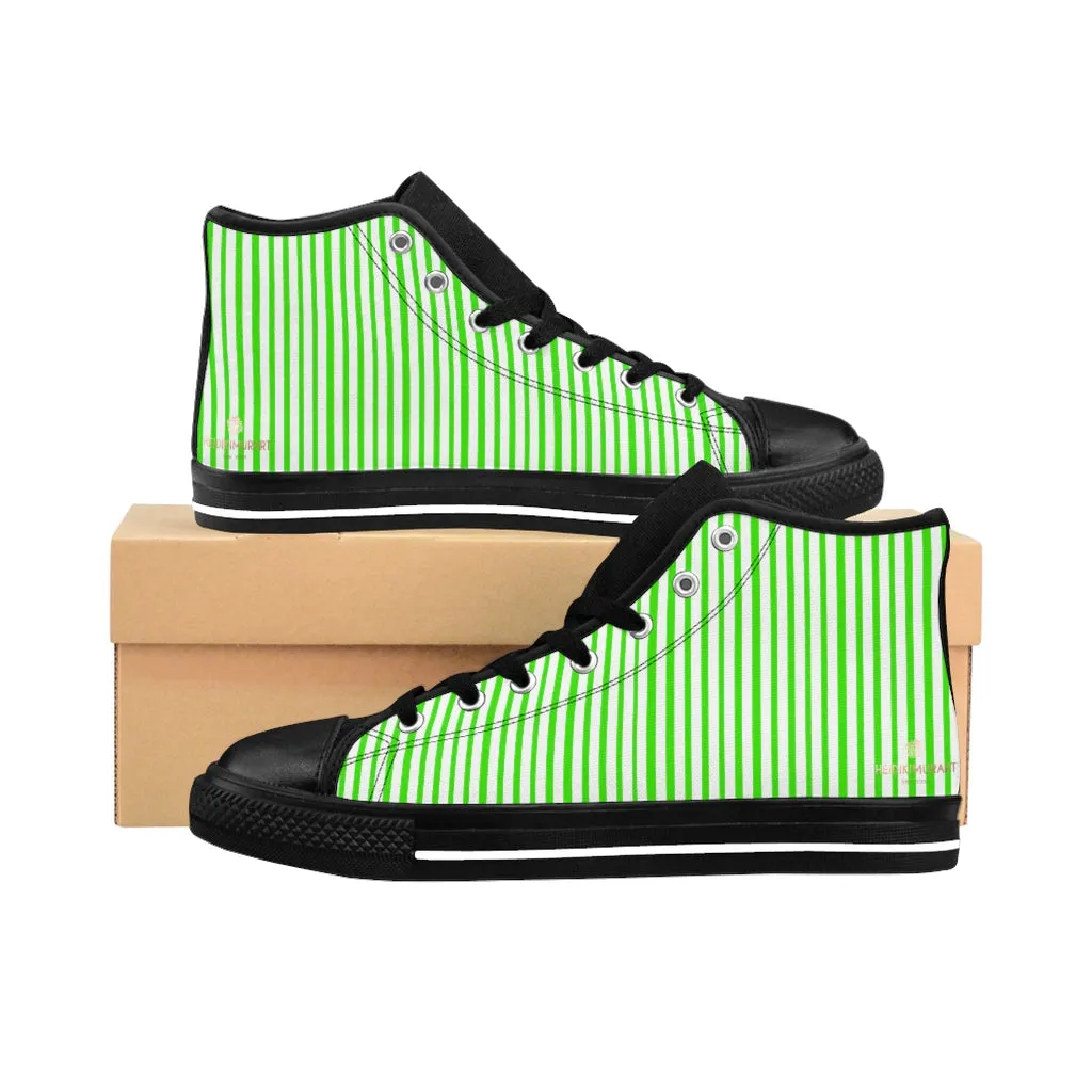 Green Striped High-top Sneakers, Vertically Green Stripes Men's Designer Tennis Running Shoes