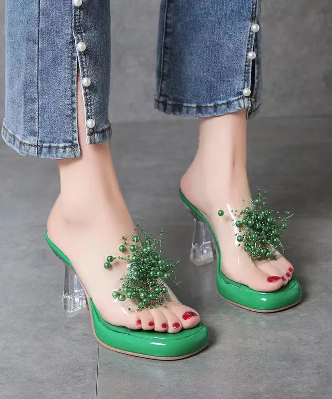 Green Stylish Clear High Heels Splicing Slide Sandals Bead Decorated OI019