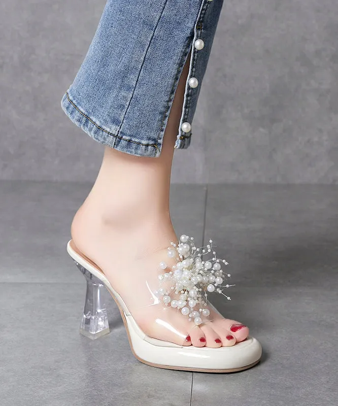 Green Stylish Clear High Heels Splicing Slide Sandals Bead Decorated OI019