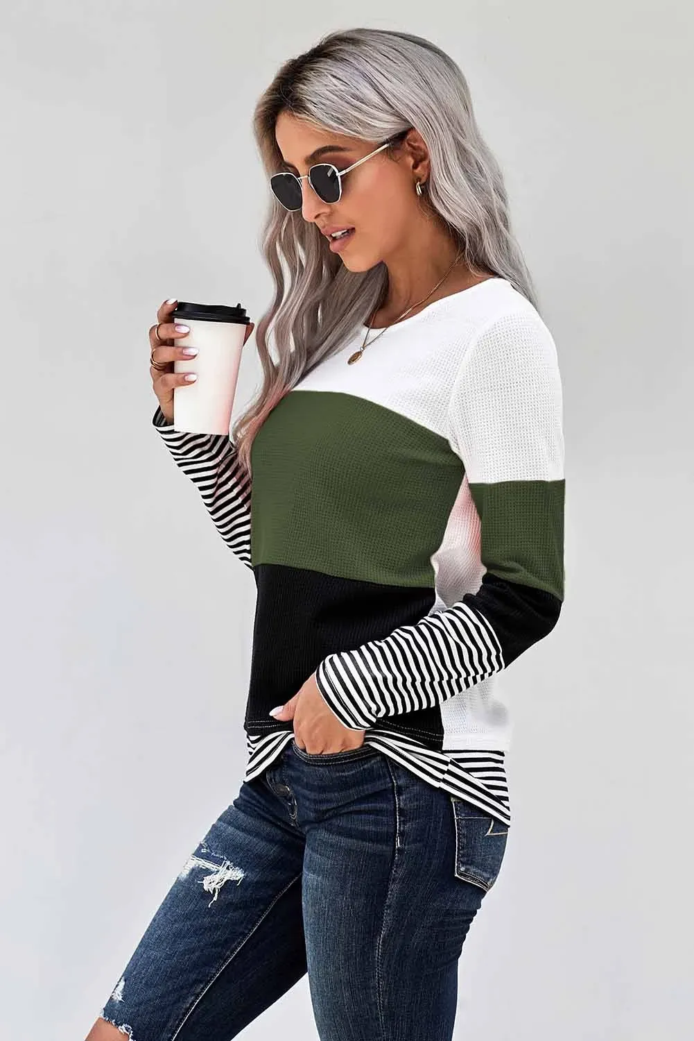 Green Stylish Colorblock Splicing Stripes Top