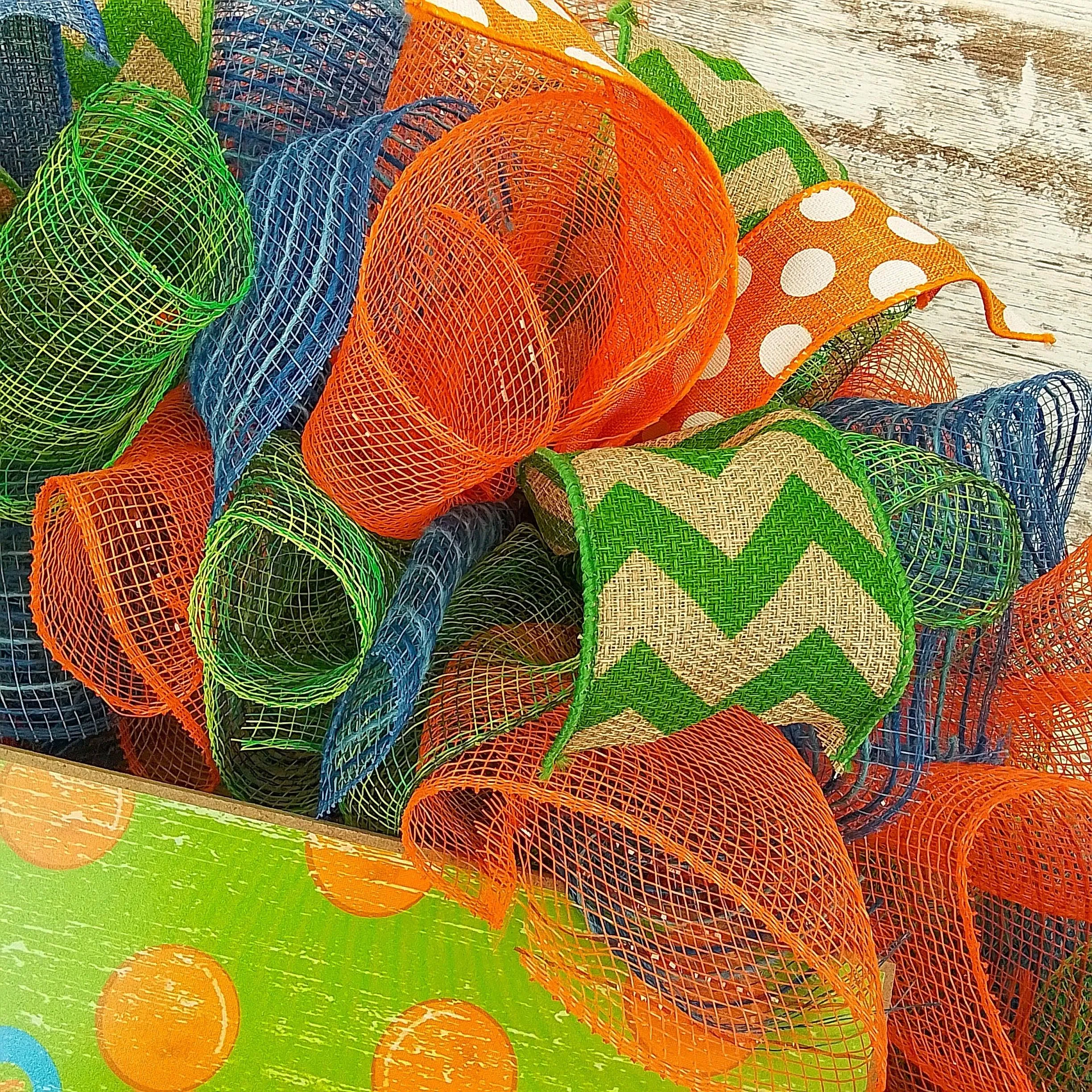 Green Summer Spring Welcome Deco Mesh Wreath | Orange Lime Green Denim Blue Jean Blue