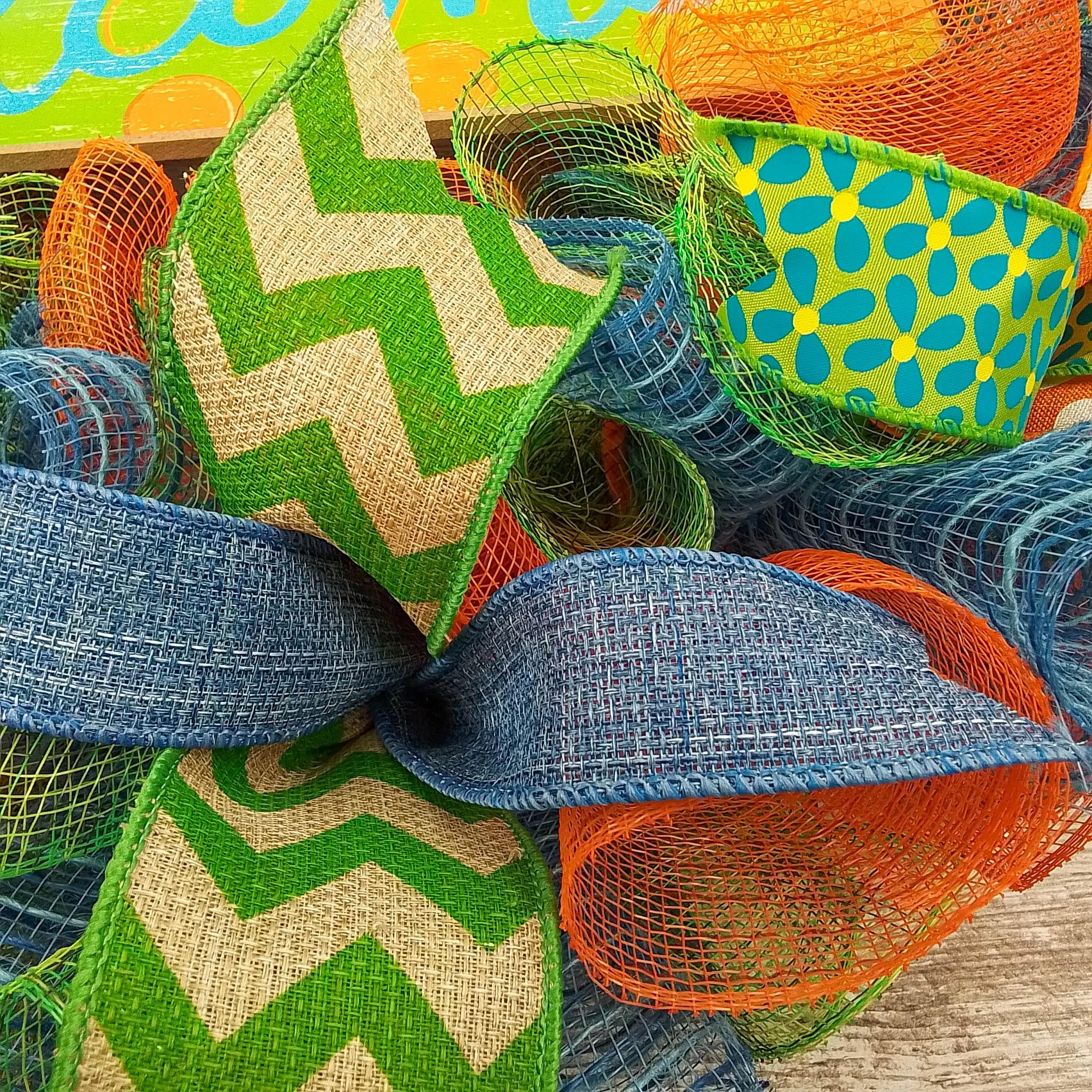 Green Summer Spring Welcome Deco Mesh Wreath | Orange Lime Green Denim Blue Jean Blue